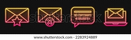 Set line Speech bubble chat, Envelope with star, Delete envelope and Laptop with envelope. Glowing neon icon. Vector