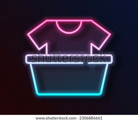 Glowing neon line Plastic basin with shirt icon isolated on black background. Bowl with water. Washing clothes, cleaning equipment.  Vector
