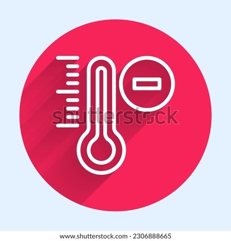 White line Meteorology thermometer measuring icon isolated with long shadow. Thermometer equipment showing hot or cold weather. Red circle button. Vector