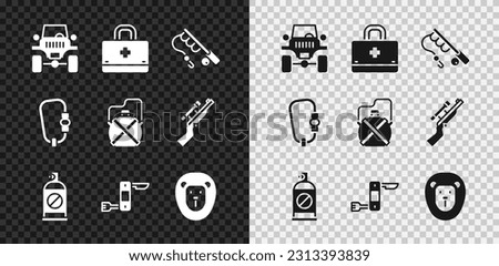 Set Off road car, First aid kit, Fishing rod, Spray against insects, Swiss army knife, Wild lion, Carabiner and Canteen water bottle icon. Vector