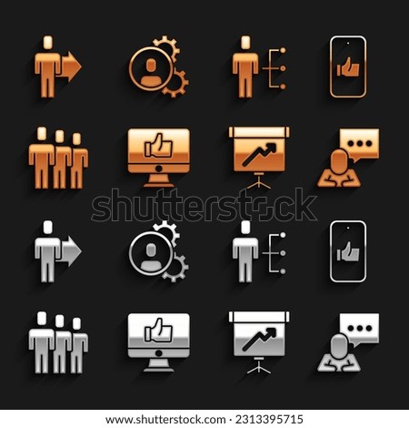 Set Hand like, Speech bubble chat, Chalkboard with diagram, Users group, of man in business suit, Team leader and Head hunting icon. Vector