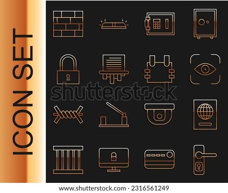 Set line Door handle, Passport, Eye scan, Safe, Paper shredder, Lock, Bricks and Bulletproof vest icon. Vector