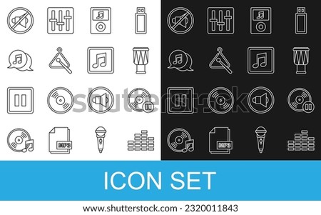 Set line Music equalizer, Vinyl disk, Drum, player, Triangle musical instrument, Musical note speech bubble, Speaker mute and note, tone icon. Vector
