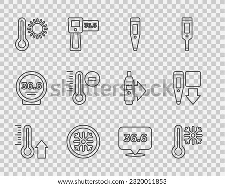 Set line Meteorology thermometer, Thermometer with snowflake, Digital, Snowflake, Medical and  icon. Vector