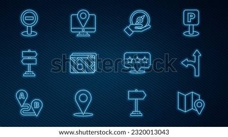 Set line Folded map with location marker, Road traffic sign, Compass, Infographic of city navigation, Stop, Map pointer star and Monitor icon. Vector