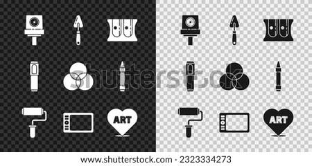Set Spray can nozzle cap, Palette knife, Pencil sharpener, Paint roller brush, Graphic tablet, Heart with text art, Marker and RGB and CMYK color mixing icon. Vector