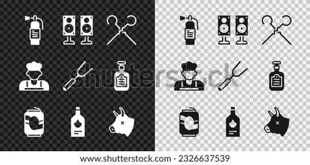 Set Fire extinguisher, Stereo speaker, BBQ skewers, Soda can, Tabasco sauce, Cow head, Cook and Barbecue fork icon. Vector