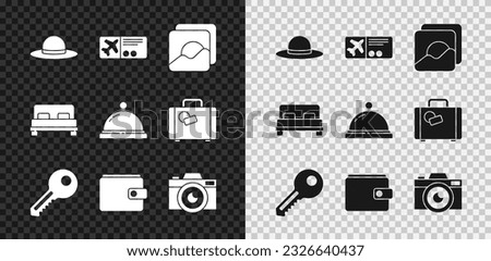 Set Elegant women hat, Airline ticket, Photo, Key, Wallet, camera, Big bed and Hotel service bell icon. Vector