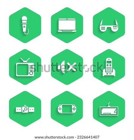 Set Speaker mute, Portable video game console, Keyboard, Telephone, Smartwatch, Retro tv, glasses and Microphone icon. Vector