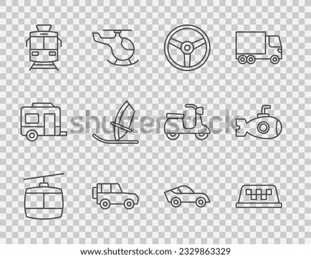 Set line Cable car, Taxi roof, Steering wheel, Off road, Tram and railway, Windsurfing, Car and Submarine icon. Vector