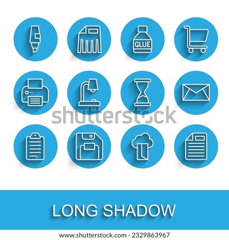 Set line To do list or planning, Floppy disk, Marker pen, Cloud database, File document, Table lamp, Mail and e-mail and Old hourglass icon. Vector