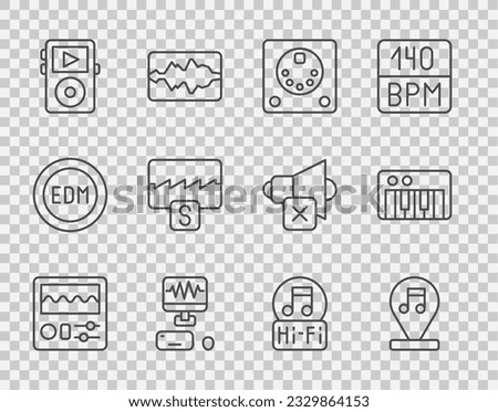 Set line Drum machine, Music note, tone, recording studio, player, wave equalizer,  and synthesizer icon. Vector