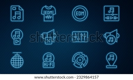 Set line Music note, tone, Speaker volume, EDM electronic dance music, mute, Play in square, MP3 file document, Sound mixer controller and T-shirt icon. Vector