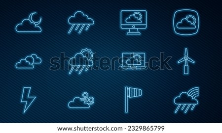 Set line Rainbow with cloud and rain, Wind turbine, Weather forecast, Cloud sun, Sun weather, moon,  and  icon. Vector