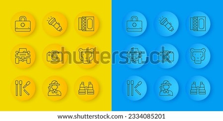 Set line Matches, Off road car, Photo camera, Binoculars, Monkey, First aid kit, Matchbox and matches and Flashlight icon. Vector