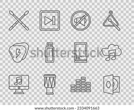 Set line Computer with music note, Vinyl player a vinyl disk, Speaker mute, Drum, sticks, USB flash drive, Music equalizer and streaming service icon. Vector