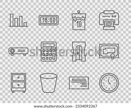 Set line Drawer with documents, Clock, Calendar, Trash can, Pie chart infographic, Calculator, Business card and Certificate template icon. Vector