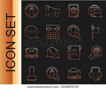 Set line Headphones, Mail and e-mail in hand, Location marker, Calendar, Speech bubble chat, Create account screen and  icon. Vector