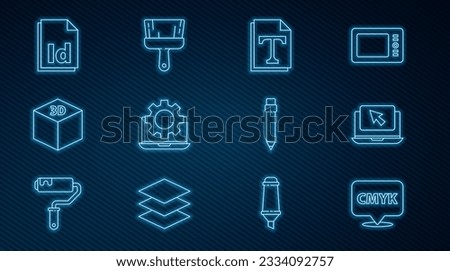 Set line Speech bubble with text CMYK, Laptop and cursor, Text file document, gear, Isometric cube, ID File, Pencil eraser and Paint brush icon. Vector