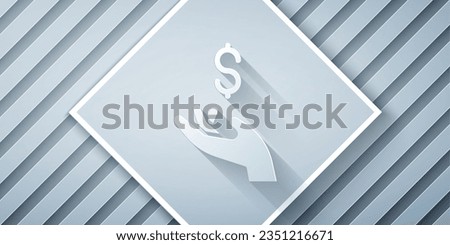 Paper cut Hand holding coin money icon isolated on grey background. Dollar or USD symbol. Cash Banking currency sign. Paper art style. Vector