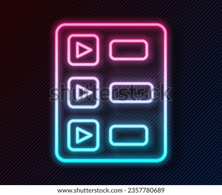 Glowing neon line Music playlist icon isolated on black background.  Vector