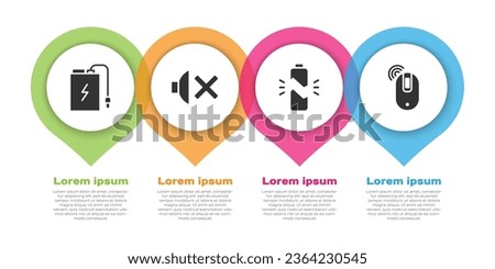 Set Power bank with charge cable, Speaker mute, Broken battery and Wireless computer mouse. Business infographic template. Vector