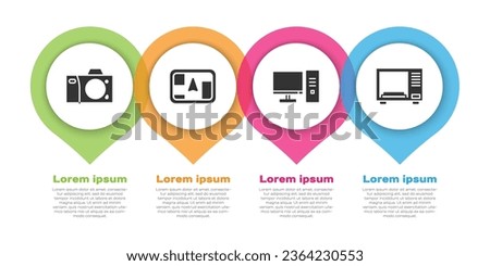 Set Photo camera, Gps device with map, Computer monitor and Microwave oven. Business infographic template. Vector