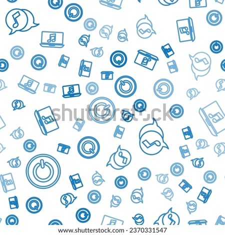 Set line Power button, Musical note in speech bubble and Laptop with music note on seamless pattern. Vector