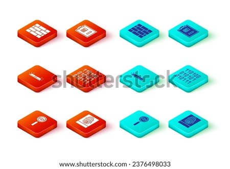 Set Magnifying glass Search, Fingerprint, Flasher siren, Binary code, Safe and Bricks icon. Vector