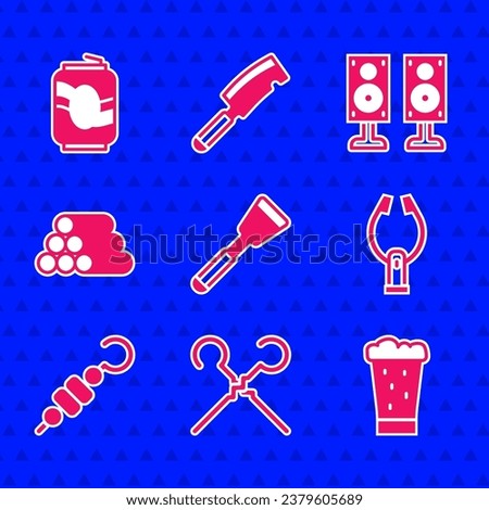 Set Spatula, BBQ skewers, Glass of beer, Meat tongs, Grilled shish kebab, Wooden logs, Stereo speaker and Soda can icon. Vector