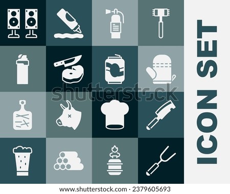 Set Barbecue fork, Meat chopper, Oven glove, Fire extinguisher, Steak meat and knife, Lighter, Stereo speaker and Soda can icon. Vector