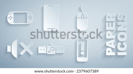 Set Smartwatch, Computer mouse, Speaker mute, Battery charge level indicator, Smartphone, mobile phone and Portable video game console icon. Vector