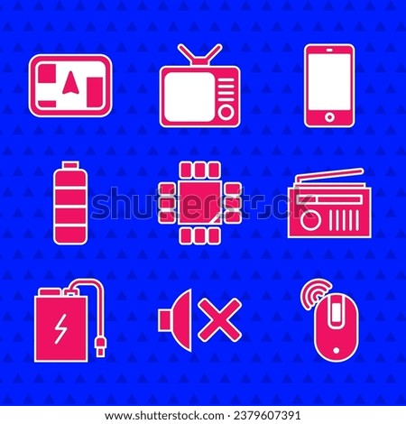 Set Processor with microcircuits CPU, Speaker mute, Wireless computer mouse, Radio antenna, Power bank charge cable, Battery level indicator, Smartphone, mobile phone and Gps device map icon. Vector