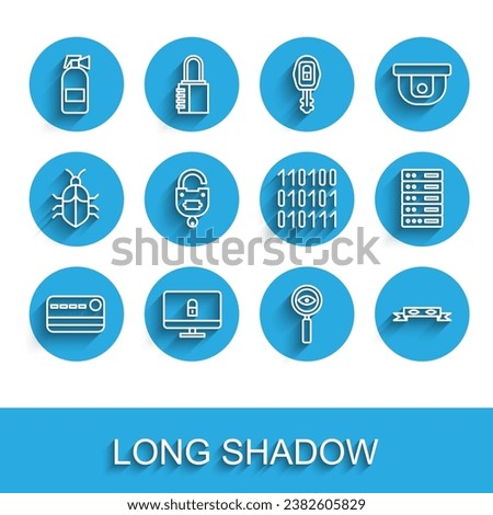 Set line Credit card, Lock on computer monitor, Fire extinguisher, Magnifying glass Search, Thief eye mask, and key, Server, Data, Web Hosting and Binary code icon. Vector