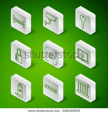 Set line Prison window, Password protection, Barbed wire, Eye scan, Safe combination lock, Security camera, Pepper spray and Laptop and icon. Vector