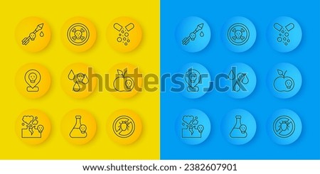 Set line Poisonous cloud of gas or smoke, Radioactive in location, Acid rain, Stop colorado beetle, apple, the arrow, Poisoned pill and Bones and skull icon. Vector