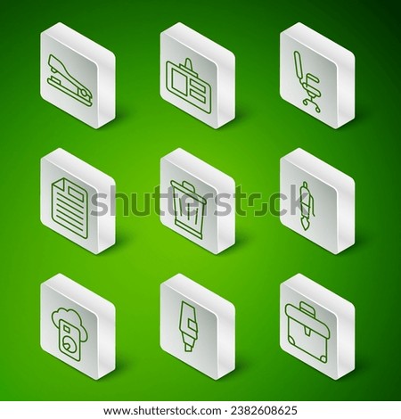 Set line Briefcase, Marker pen, Stapler, Trash can, File document, Identification badge, Cloud database and Fountain nib icon. Vector