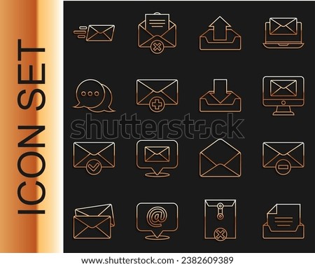 Set line Drawer with document, Delete envelope, Monitor and, Upload inbox, Received message concept, Speech bubble chat, Express and Download icon. Vector