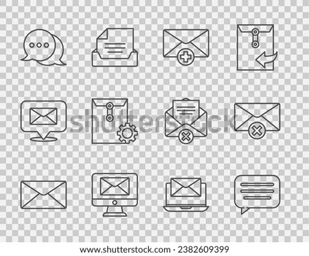 Set line Envelope, Speech bubble chat, Received message concept, Monitor and envelope, setting, Laptop with and Delete icon. Vector