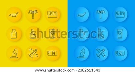 Set line Surfboard, Whiskey bottle, and glass, Airline ticket, Sunscreen cream tube, Sunbed umbrella, Action camera and Tropical palm tree icon. Vector