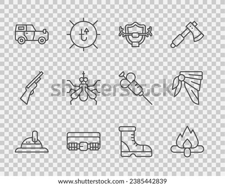 Set line Hunter hat, Campfire, Deer antlers on shield, Hunting cartridge belt, Off road, Mosquito, boots and Bandana or biker scarf icon. Vector