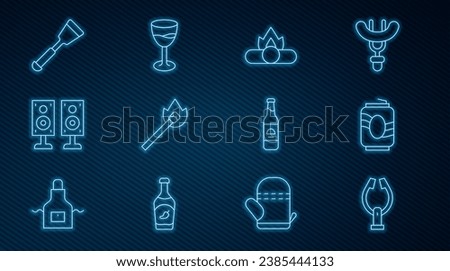 Set line Meat tongs, Soda can, Campfire, Burning match with, Stereo speaker, Spatula, Beer bottle and Wine glass icon. Vector