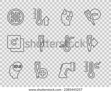Set line High human body temperature, Meteorology thermometer, Digital, Snowflake,  and  icon. Vector
