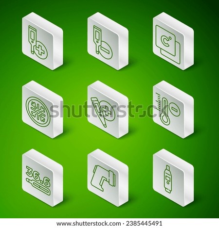 Set line Digital thermometer, Snowflake, Medical and Meteorology icon. Vector