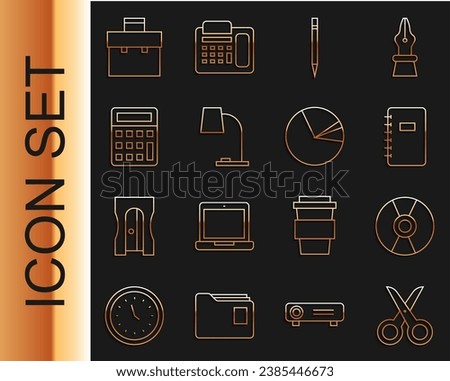 Set line Scissors, CD DVD disk, Spiral notebook, Pencil with eraser, Table lamp, Calculator, Briefcase and Pie chart infographic icon. Vector