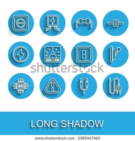 Set line Processor with microcircuits CPU, Exclamation mark in triangle, Electrical outlet, Audio jack, plug, Ampere meter, multimeter, voltmeter, panel and light switch icon. Vector