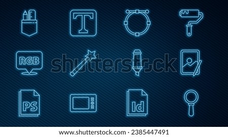 Set line Magnifying glass, Graphic tablet, Circle with Bezier curve, Magic wand, Speech bubble RGB CMYK, Crossed ruler pencil, Marker and Text icon. Vector