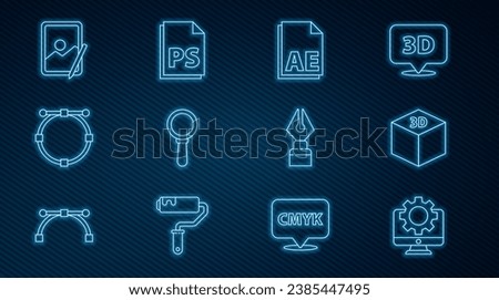 Set line Computer monitor and gear, Isometric cube, AE file document, Magnifying glass, Circle with Bezier curve, Graphic tablet, Fountain pen nib and PS File icon. Vector