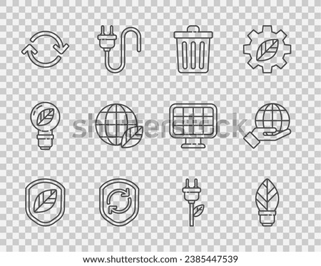Set line Shield with leaf, Light bulb, Trash can, Recycle symbol inside shield, Refresh, Earth globe and, Electric saving plug and Hand holding icon. Vector
