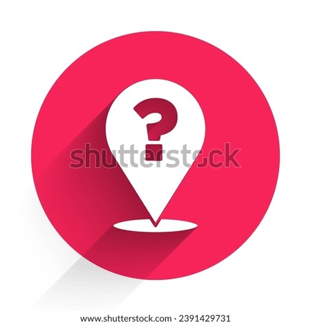 White Question mark icon isolated with long shadow. FAQ sign. Copy files, chat speech bubble and chart. Red circle button. Vector